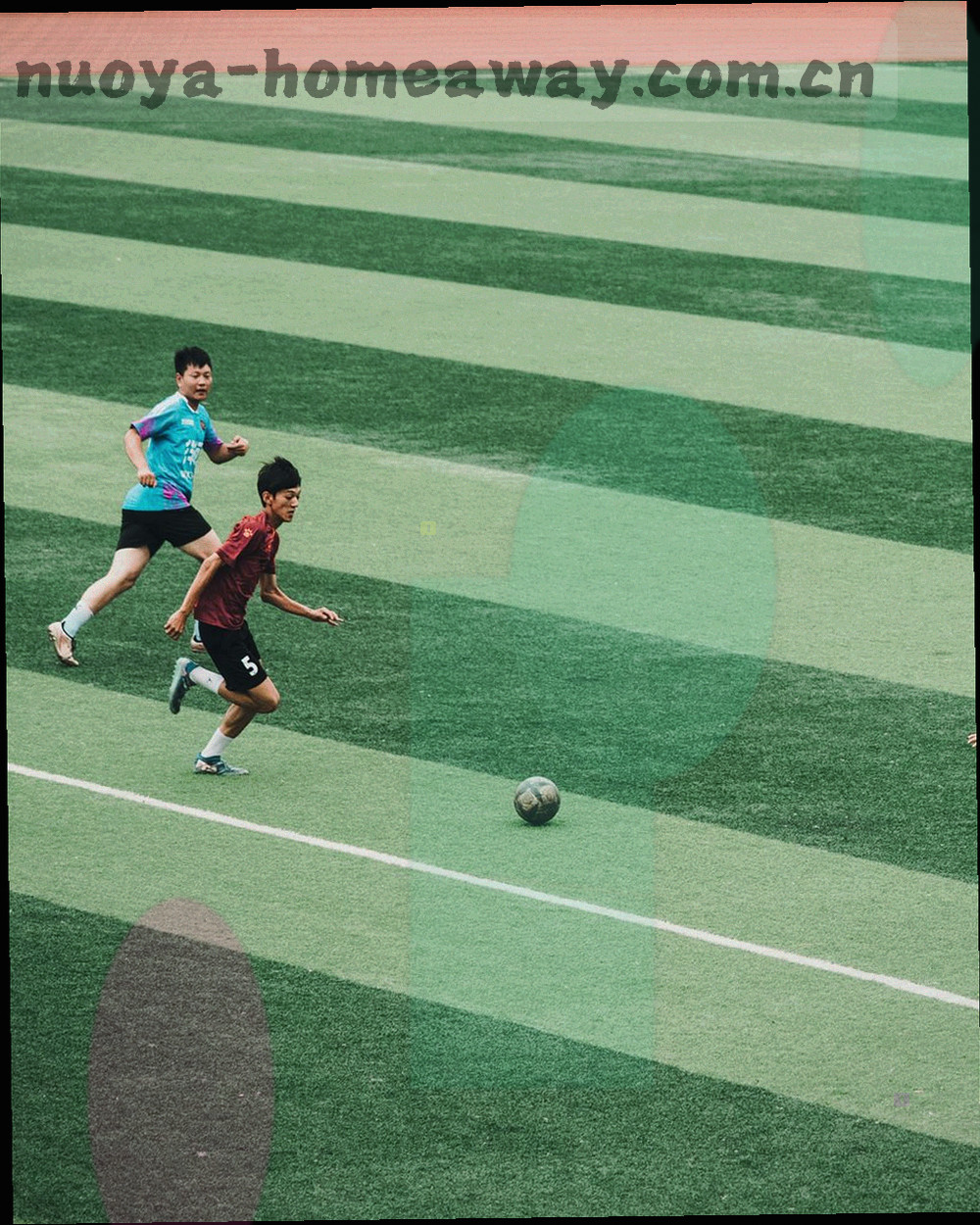 球门前定位球摆放特写，球网与门柱构成画面纵深感